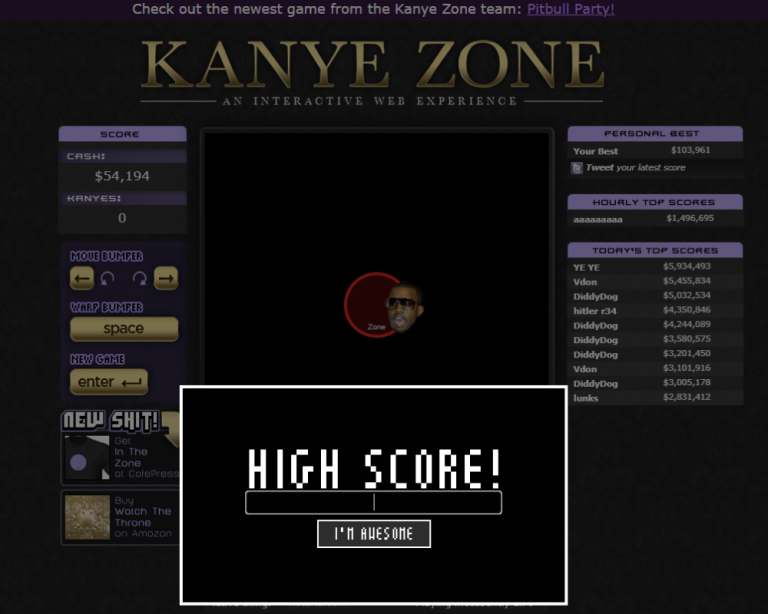 Kanye West’s face bouncing toward a circle in Kanye Zone game