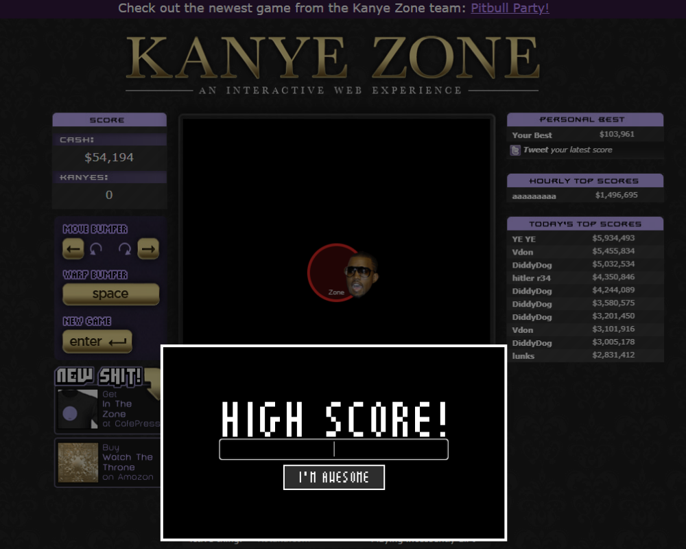 Kanye West’s face bouncing toward a circle in Kanye Zone game