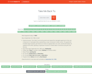 TakeMeBack.to website showing pop culture highlights from a chosen date