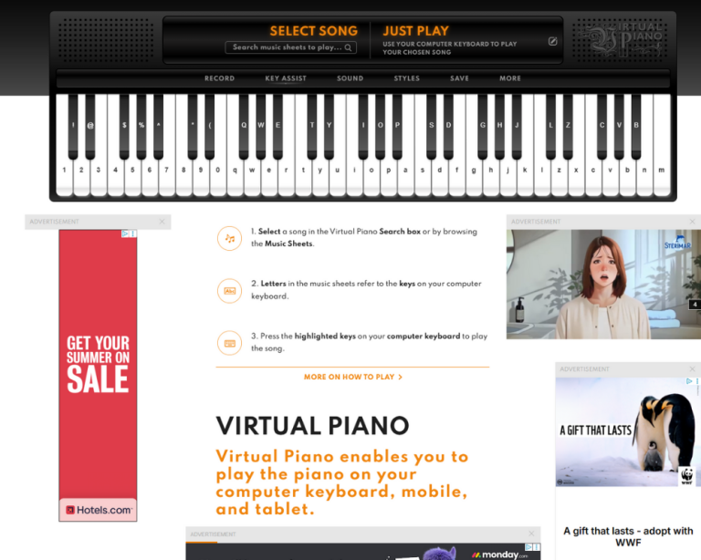 Virtual Piano website with digital keyboard on screen”