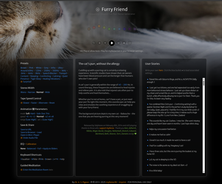 Cat Purr Generator website with sound control sliders