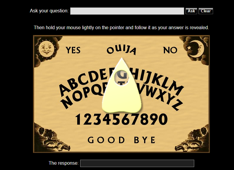 Digital Ouija board interface with planchette on BrainJar website