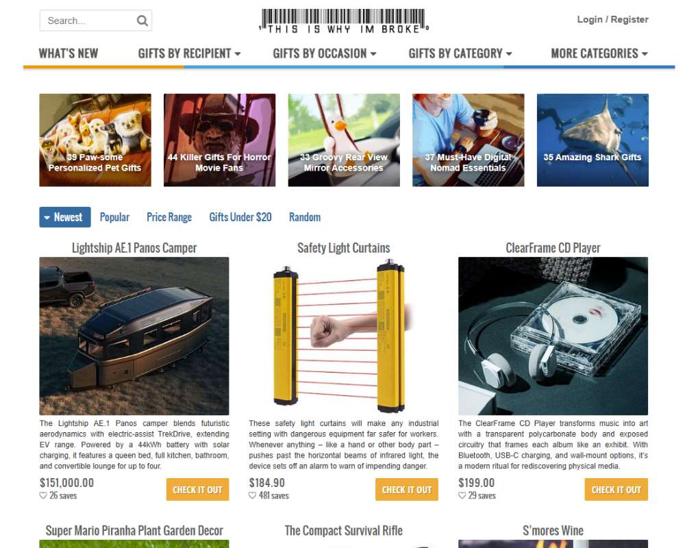 Weird shopping products displayed on This Is Why I’m Broke homepage