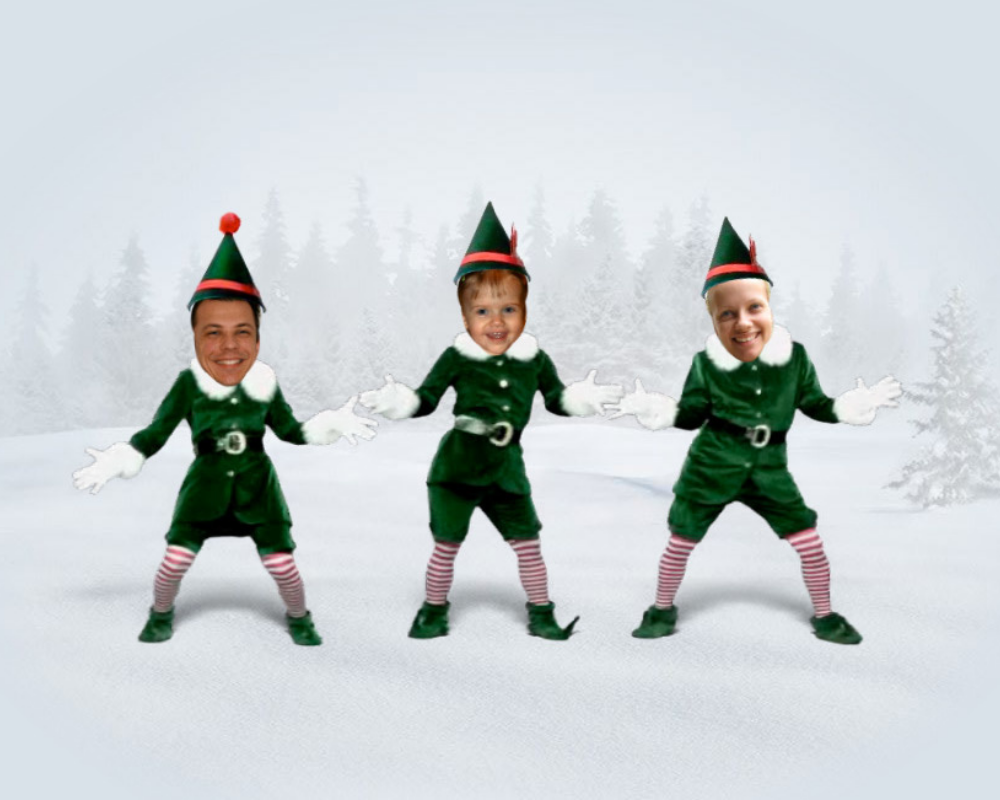 ElfYourself website showing dancing elves with uploaded faces