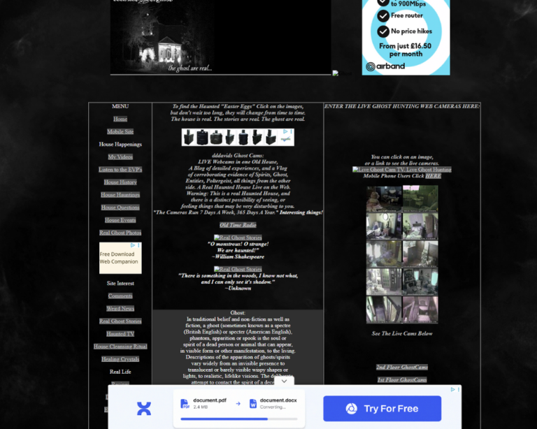 Ghost cam live stream showing a dark, empty room with shadows
