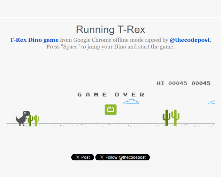 Pixel dinosaur jumping over cacti in T-Rex Chrome runner game