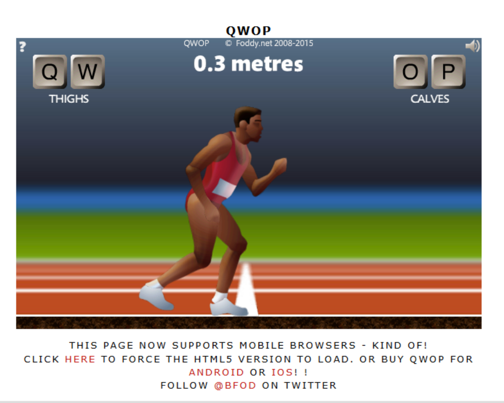 QWOP game screen showing runner stumbling awkwardly