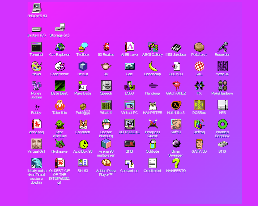 Windows93 fake desktop interface with retro icons and apps