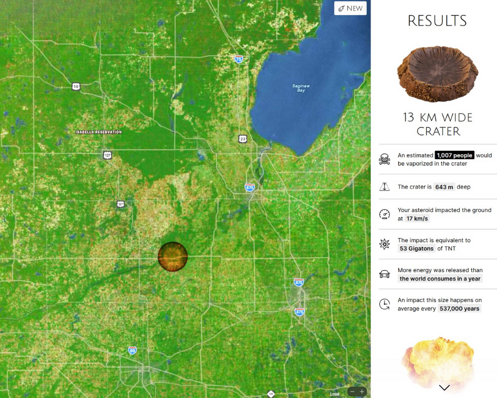 Map interface showing asteroid impact simulation from Asteroid Launcher website