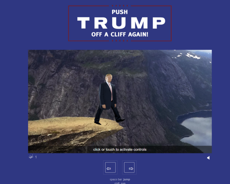 Cartoon Trump character falling off a cliff on Push Trump Off a Cliff Again website.