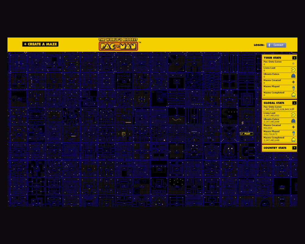 Screenshot of World’s Biggest Pac-Man showing interconnected mazes filled with dots and ghosts