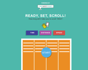 Ready Set Scroll website showing scrolling speed test and timer countdown.