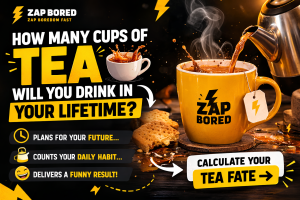 Tea Consumption Calculator showing how many cups of tea someone will drink in their lifetime based on age and daily tea habit.