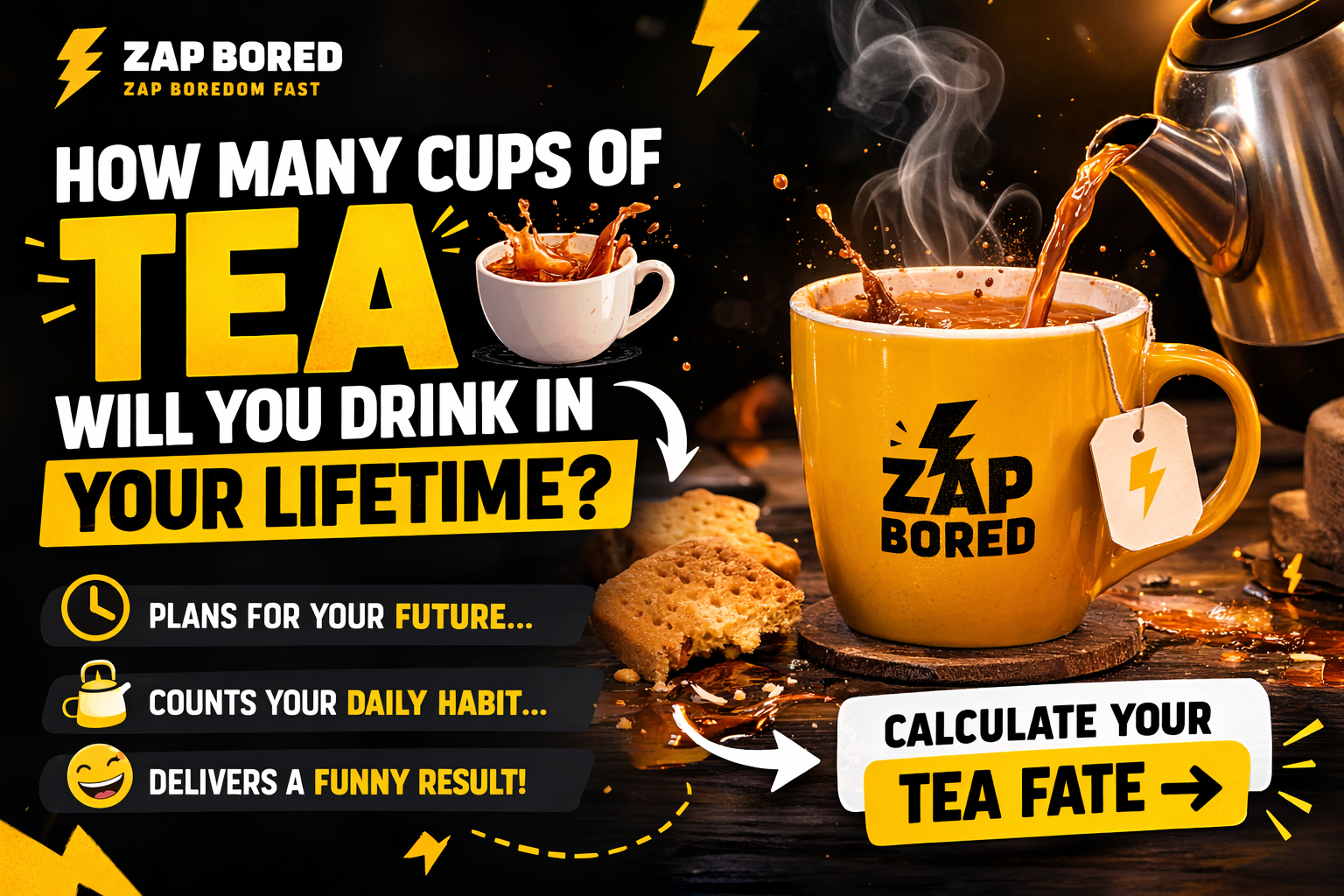 Tea Consumption Calculator showing how many cups of tea someone will drink in their lifetime based on age and daily tea habit.