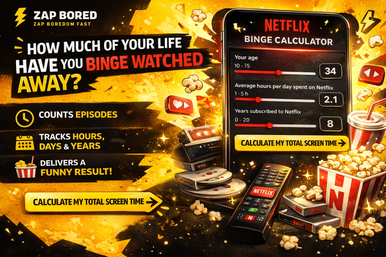 Netflix Binge Calculator showing how much of your life has been spent watching Netflix based on age, daily viewing hours, and years subscribed.