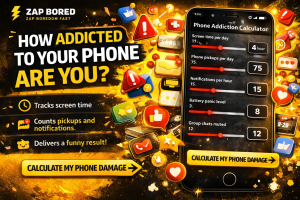 Phone Addiction Calculator showing a fun score based on screen time, phone pickups, notifications, battery panic, and muted chats.