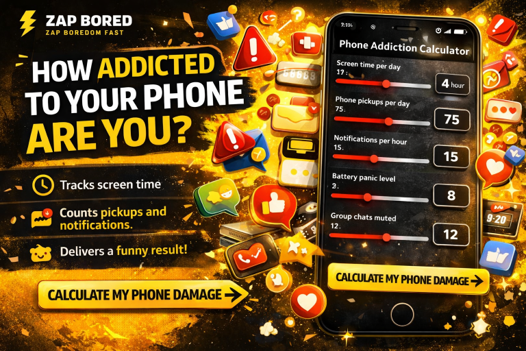 Phone Addiction Calculator showing a fun score based on screen time, phone pickups, notifications, battery panic, and muted chats.