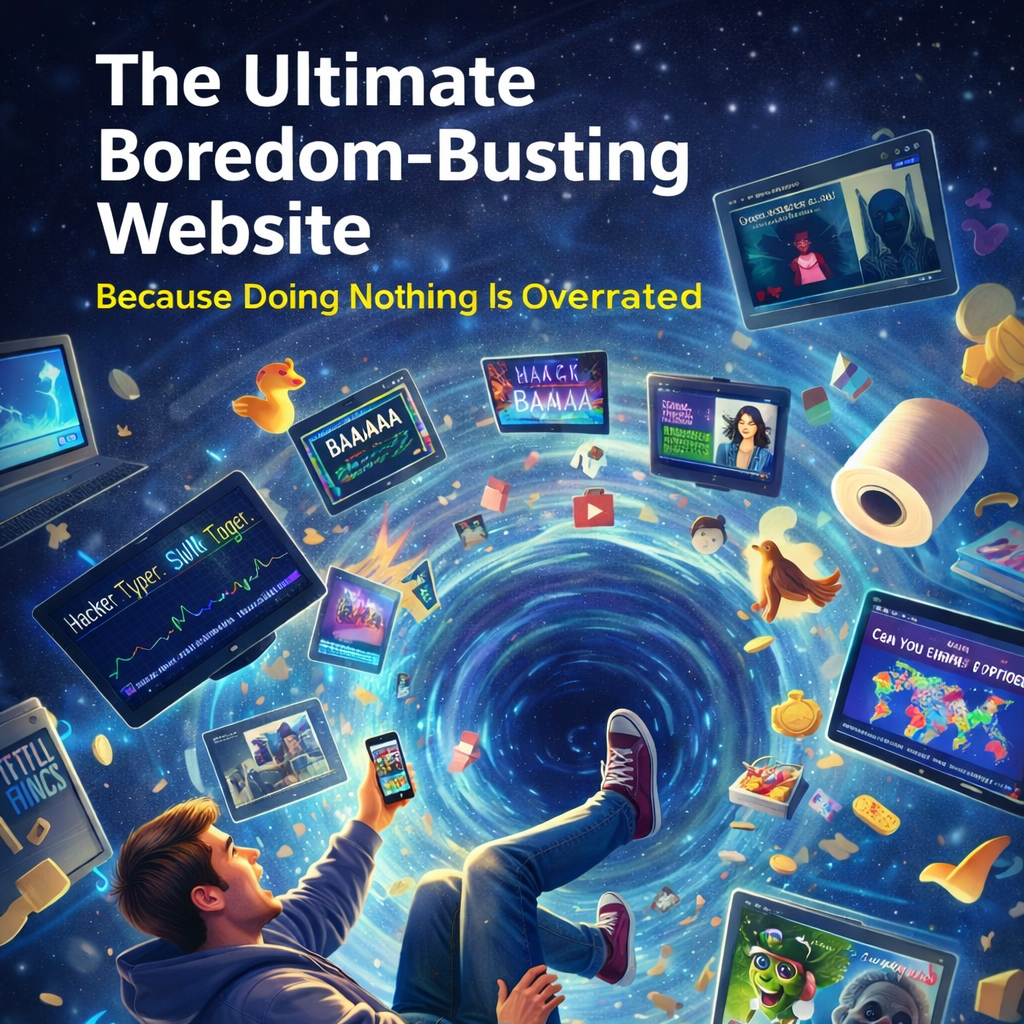 Digital illustration of a person falling into a vortex of weird websites, games, quizzes and internet content representing ZapBored, a boredom-busting discovery website.