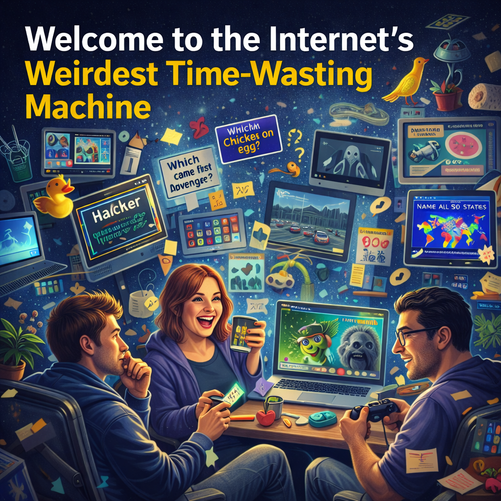 Illustration representing the ZapBored community exploring strange websites, quizzes, games and random internet discoveries designed to fight boredom.