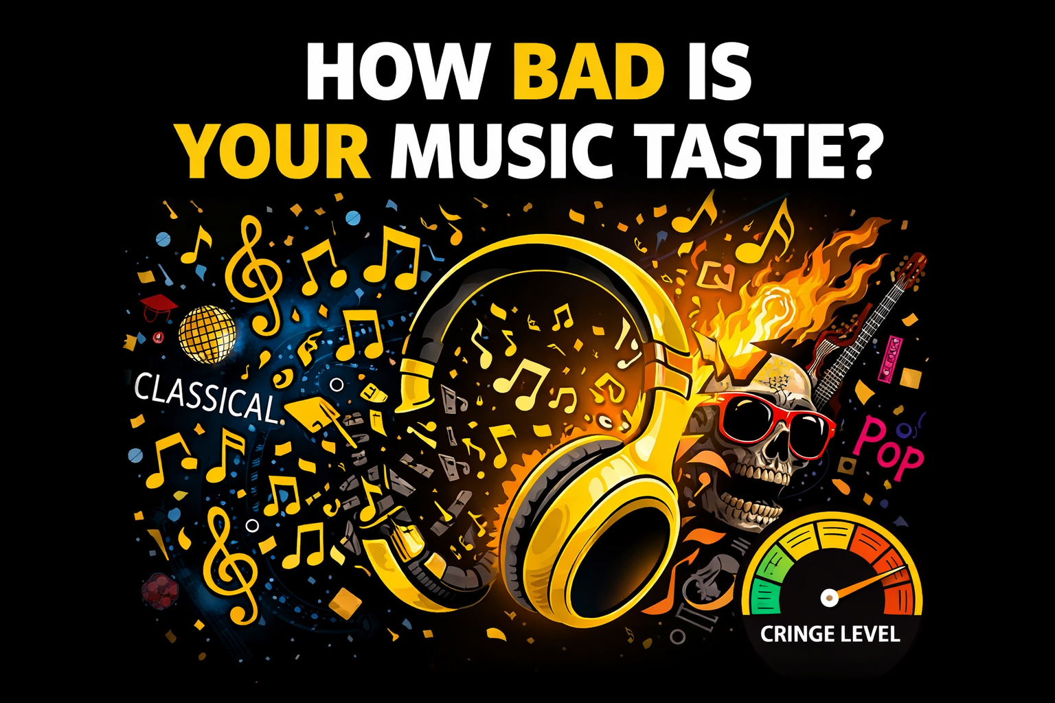 How bad is your music taste calculator with exploding headphones, music notes, and a cringe level meter measuring terrible playlists.