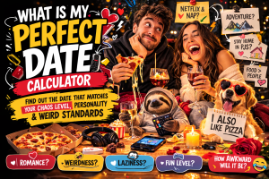 Cartoon style thumbnail showing a skeleton couple on a sofa with pizza, popcorn, wine, and neon hearts while a “perfect date calculator” graphic measures their romantic chaos.