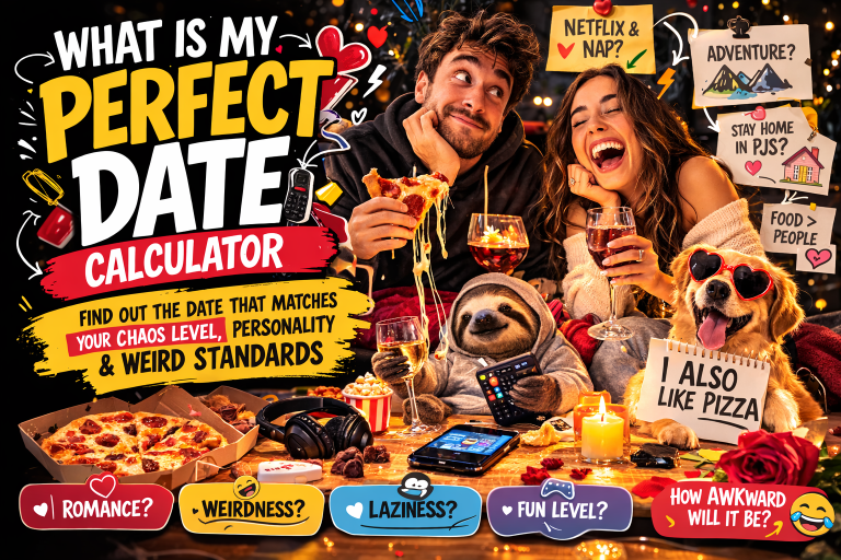 Cartoon style thumbnail showing a skeleton couple on a sofa with pizza, popcorn, wine, and neon hearts while a “perfect date calculator” graphic measures their romantic chaos.